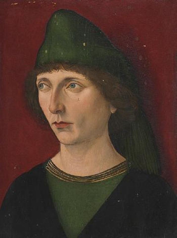 Portrait of a man, bust-length, in a green and black shirt and green cap by French School
