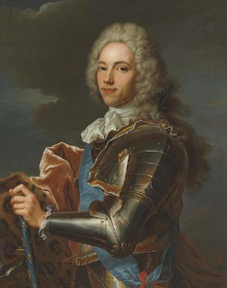 Portrait of the Duc de Broglie (1671-1745), half-length, in armor with a velvet-lined, leopard skin mantle and the Sash of the Order of Saint Esprit, the baton of a Marshal of France in his left hand by Hyacinthe Rigaud