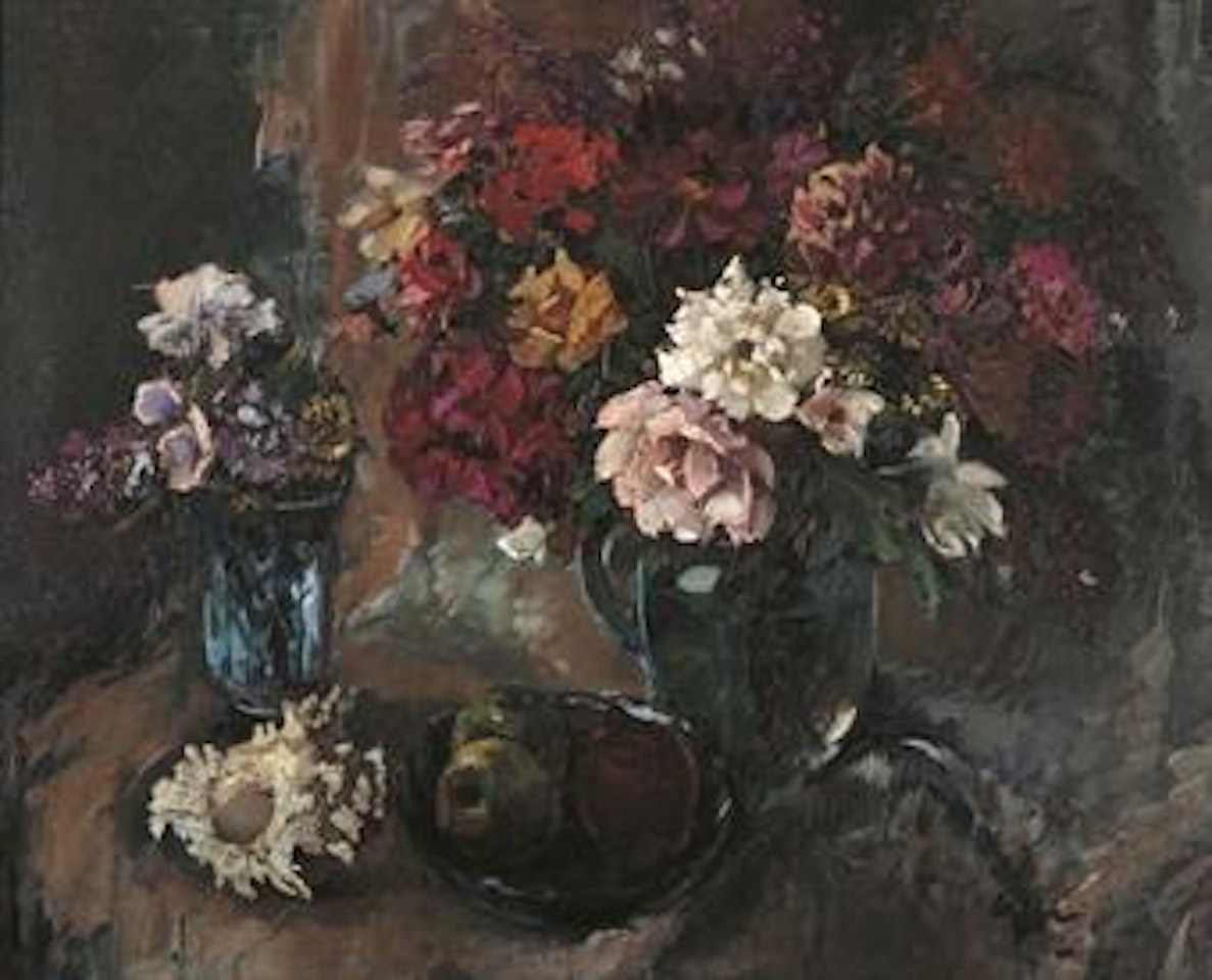 Still life of flowers and fruits by Lee Man Fong