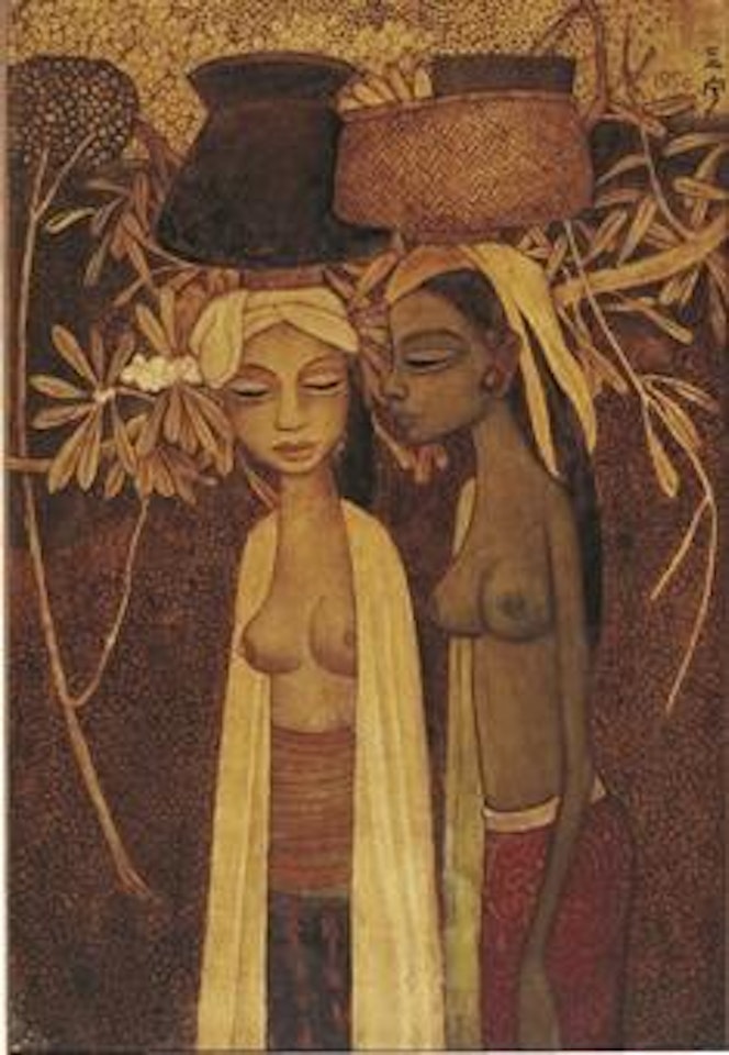 Two women with baskets on their heads by Cheong Soo Pieng