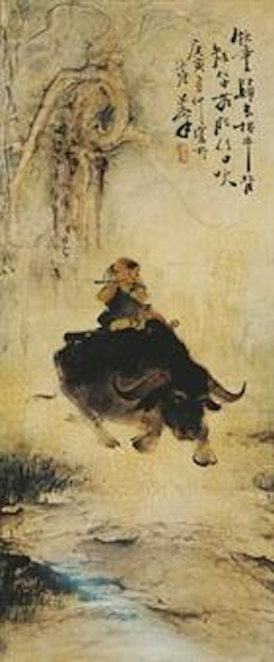 Cowherd playing a flute on a buffalo by Lee Man Fong