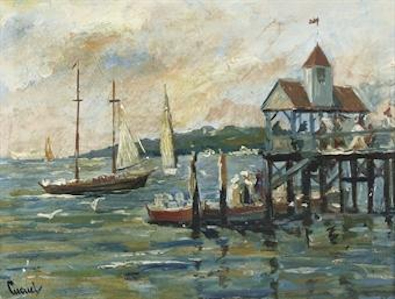 Boats by a pier by Edward Cucuel