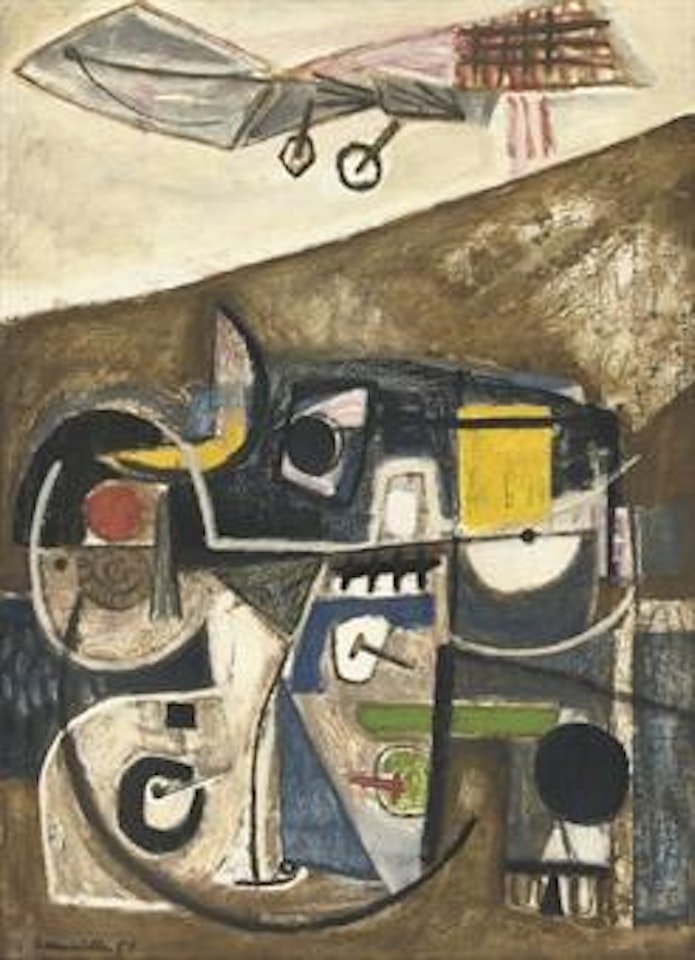 Personnage dans une ville avec aeroplane by Corneille