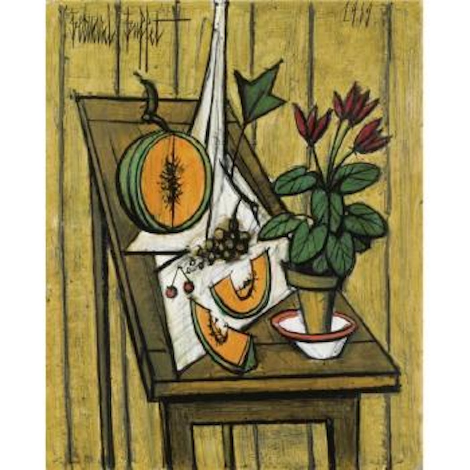Melon Et Pot De Cyclamen Sur Une Table by Bernard Buffet
