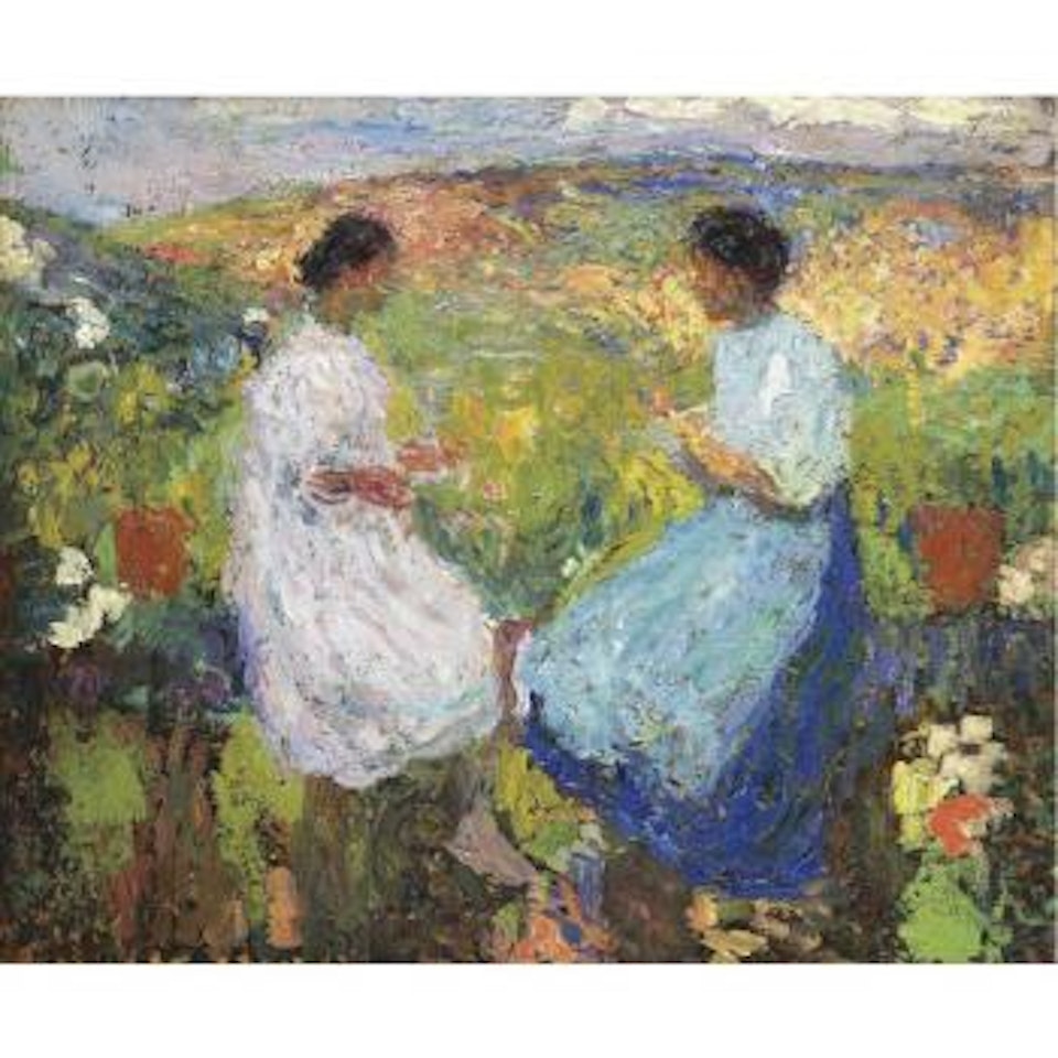 Deux Femmes Assises Face À Face Sur Une Balustrade De Pierre by Henri Jean Guillaume Martin