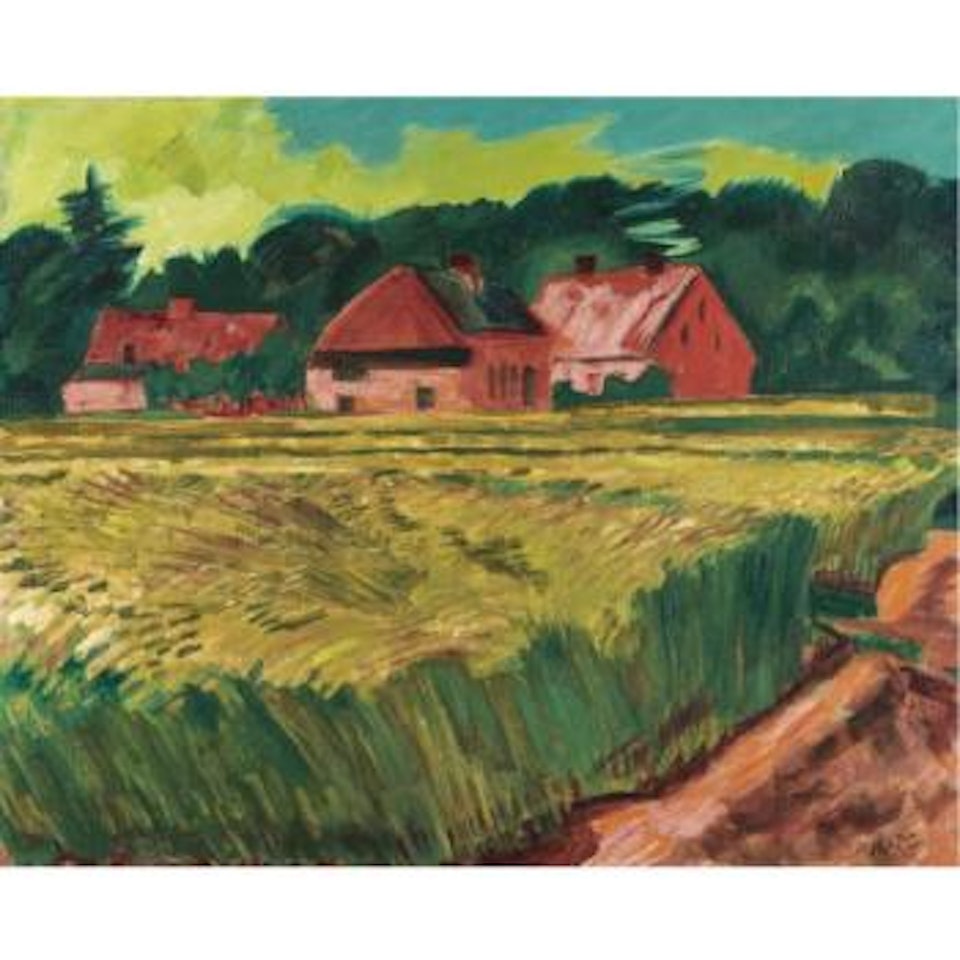 Bauernhäuser Mit Getreidefeld In Leba (Farmhouses With Wheat Field In Leba) by Max Pechstein