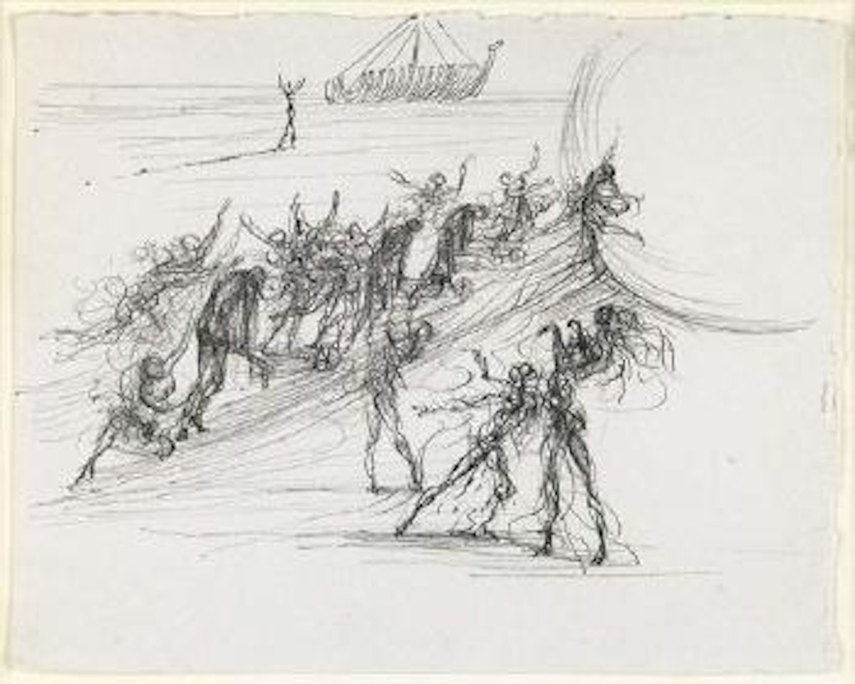 Personnages sur la plage avec bateau et balle by Salvador Dali