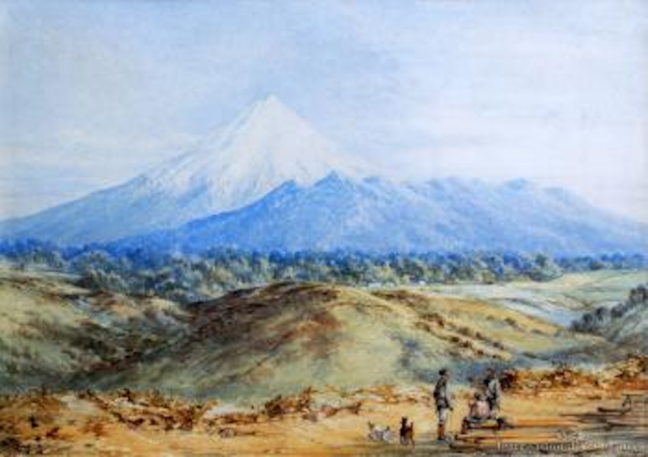 Mt Egmont with military officers foreground by Charles Decimus Barraud