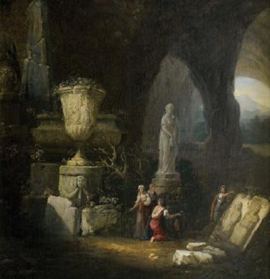 Paysage aux vases et bas-reliefs antiques by Hubert Robert