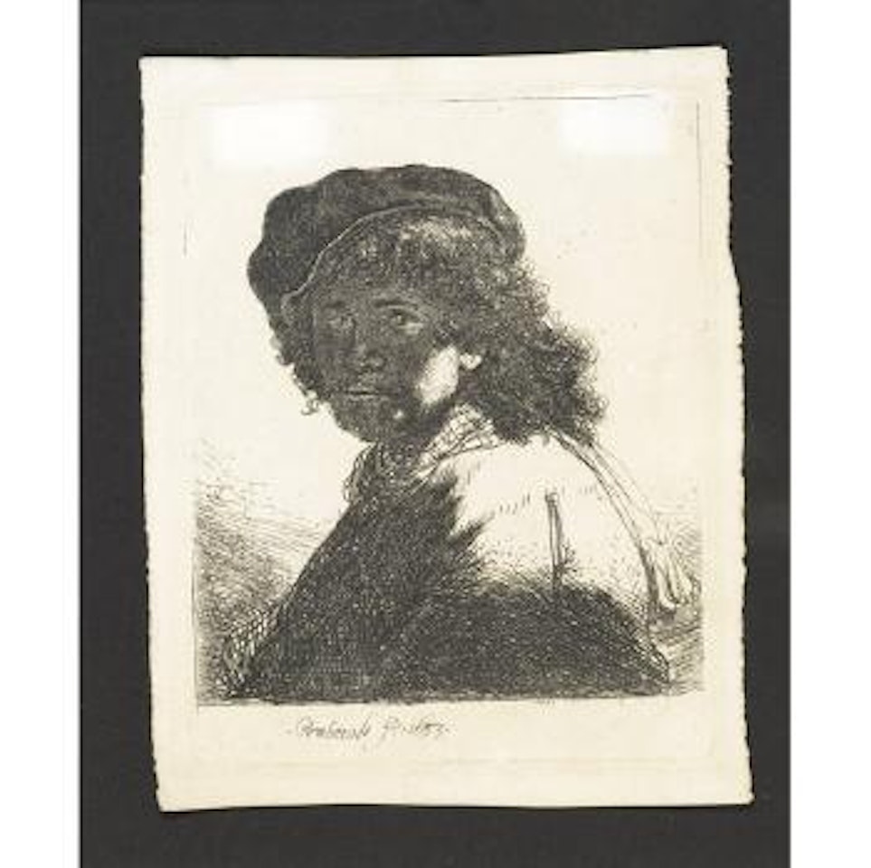 Self-portrait in a cap and scarf with the face dark, bust by Attributed to Rembrandt Harmensz van Rijn