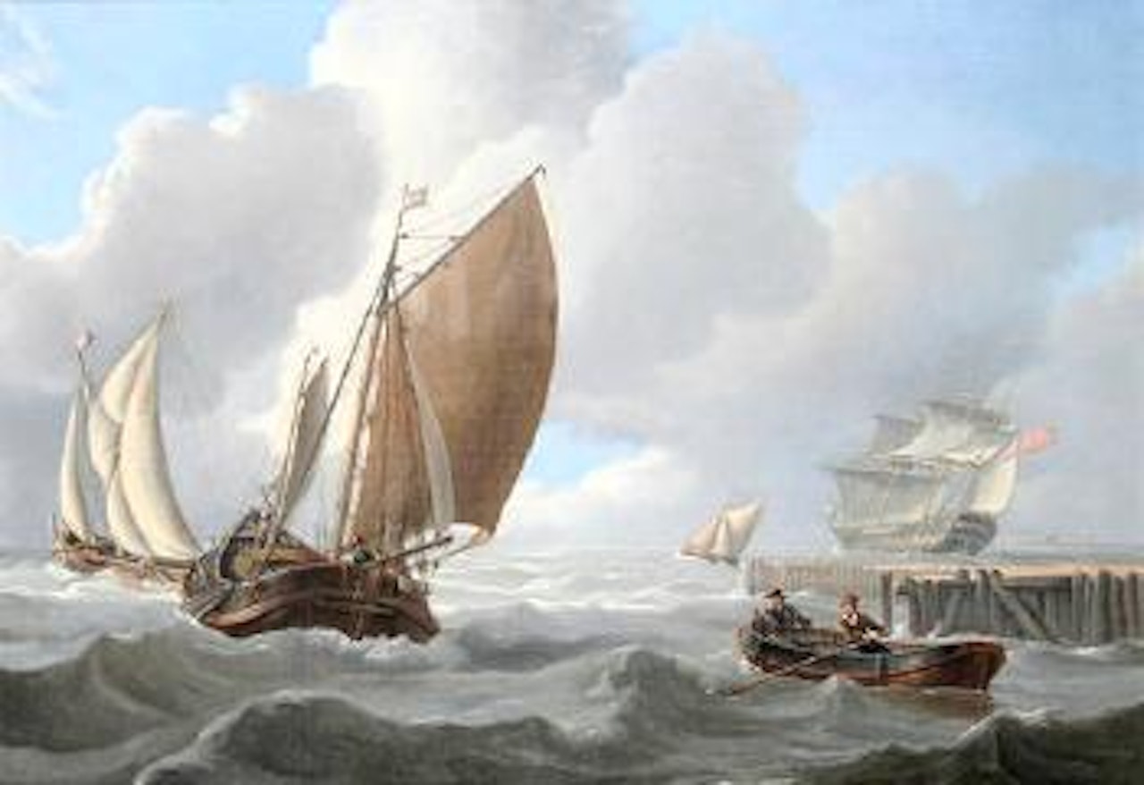 Off the Dutch Coast - barge, rowboat and fishing boats and a naval vessel in a fresh breeze by Charles Martin Powell