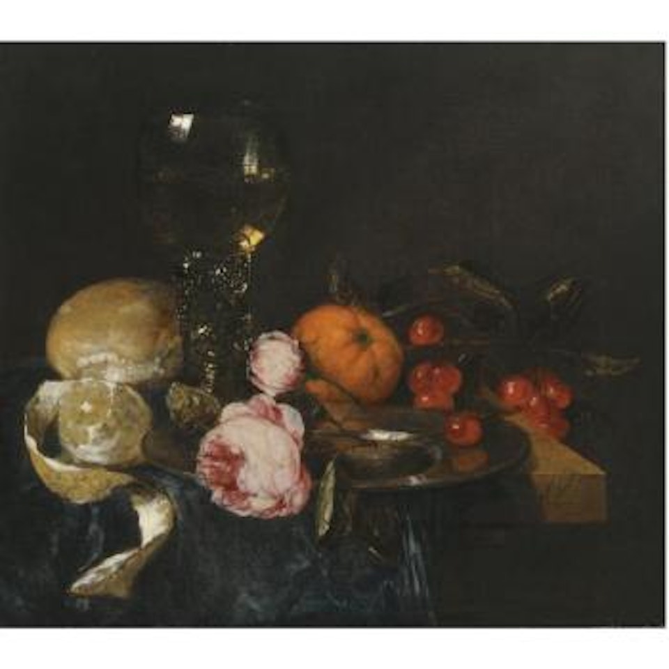 A Still Life With A Roemer, A Peeled Lemon, Bread, Roses On A Pewter Plate, An Orange And Cherries, All On A Draped Table by Abraham van Beijeren