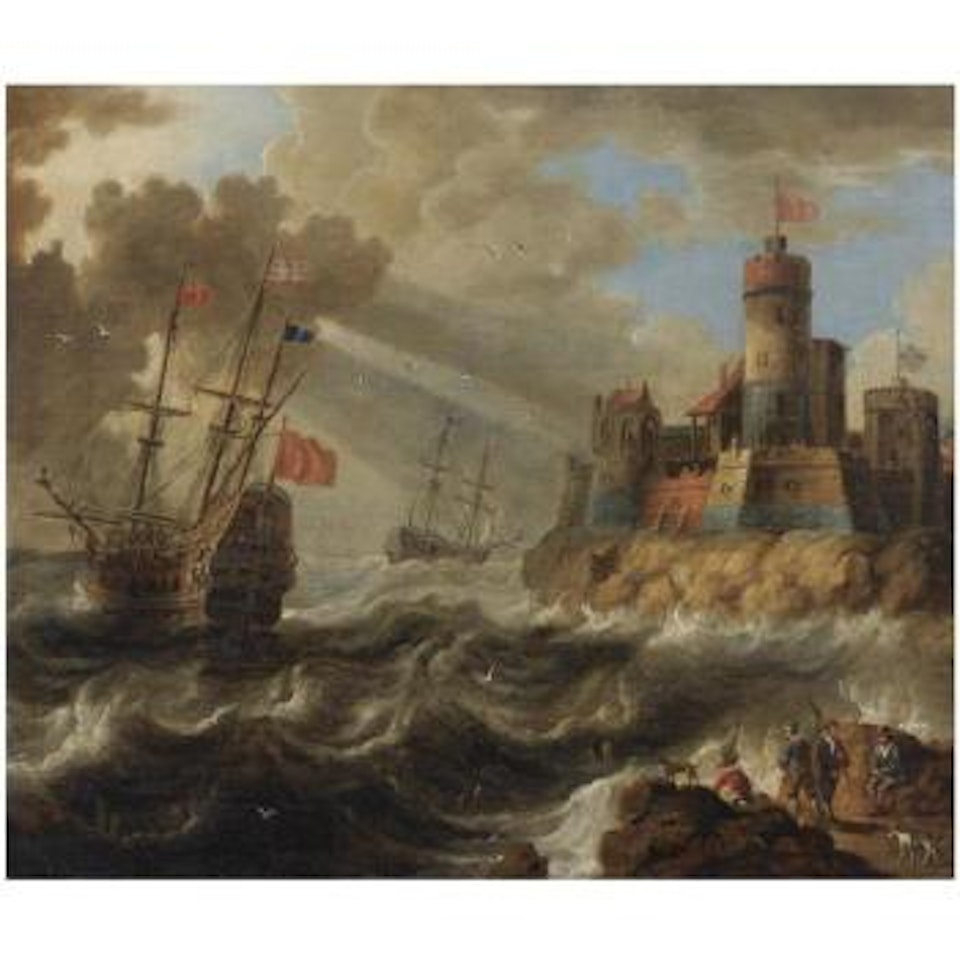 Two Men-o' War In A Rough Sea Near A Rocky Coast With A Fortified Town, Fishermen On The Rocks In The Foreground by Pieter van de Velde
