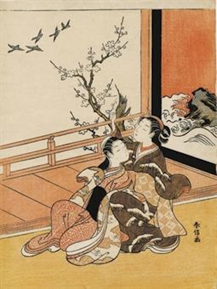 Two bijin looking at birds from a veranda by Suzuki Harunobu