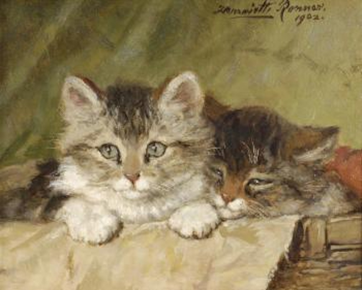 Two kittens in a basket by Henriette Ronner-Knip