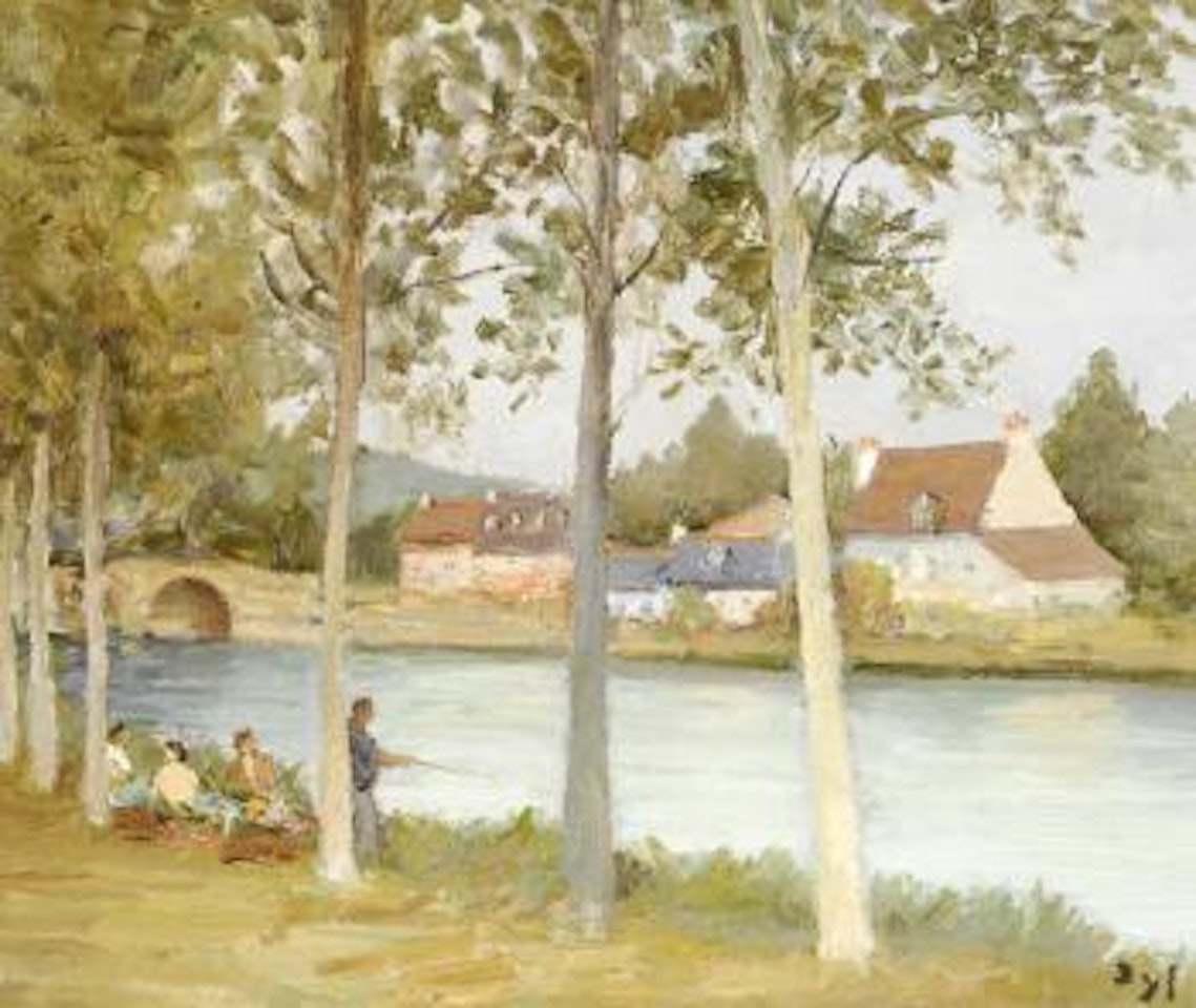 Riviere du blavet, figures relaxing in the shade beneath a colonade of trees by Marcel Dyf