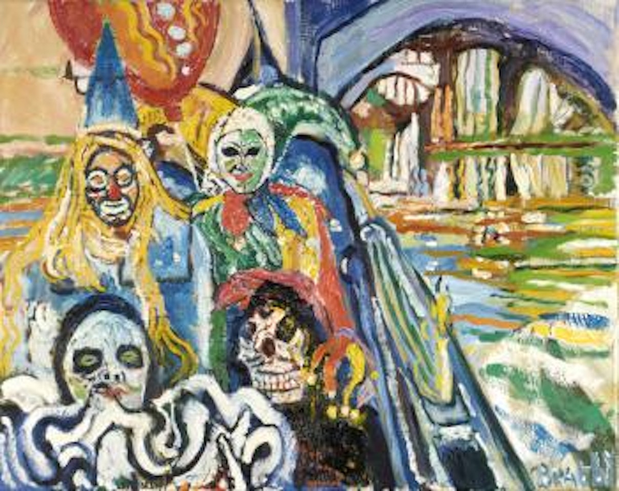 Carnival characters in a gondola by John Bratby
