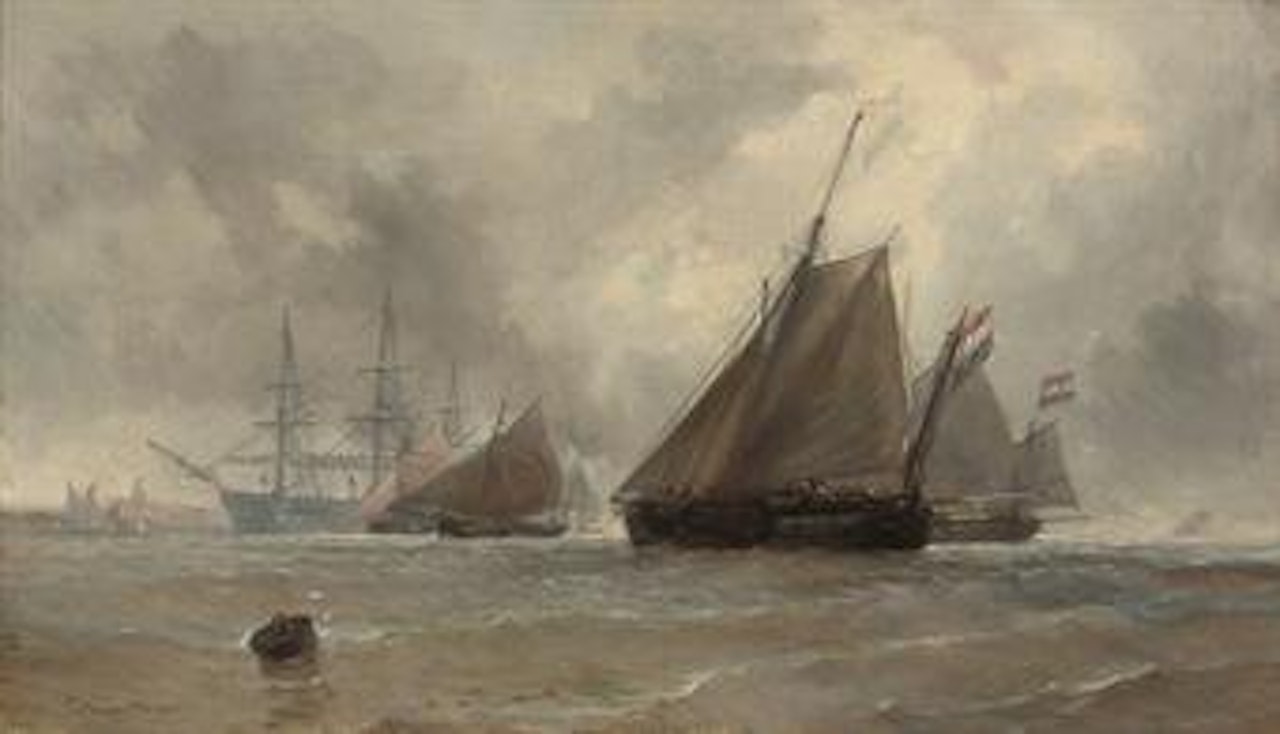 Dutch barges running inshore by Jean Baptiste Henri Durand-Brager