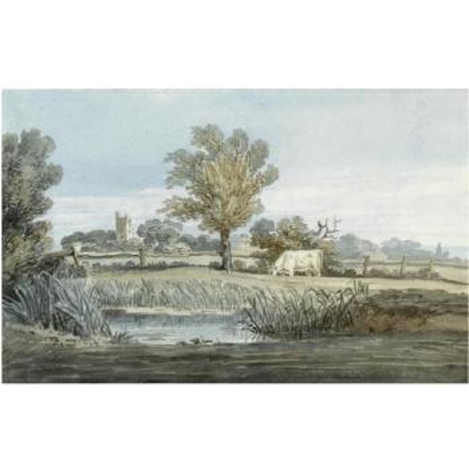 A Cow Grazing Near A Pond With A Ruined Tower Beyond by Thomas Girtin