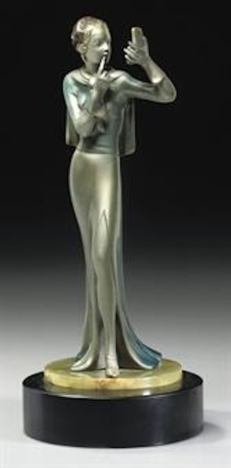 Figure of a woman wearing evening dress, looking in her compact mirror, applying lipstick by Josef Lorenzl