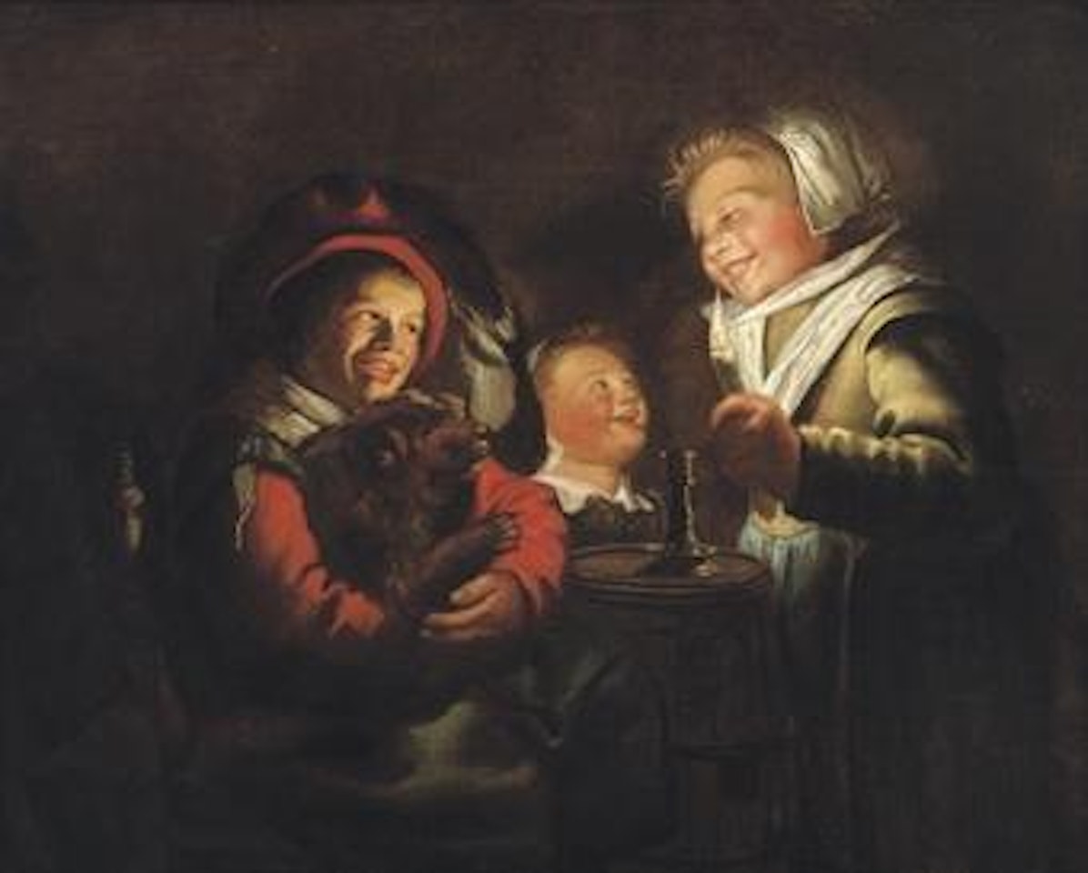 Two girls and a boy with a dog by candle light by Jan Miense Molenaer