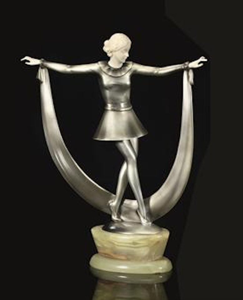 Figure of a young woman, arms out stretched with flowing drapery attached to her wrists by Josef Lorenzl