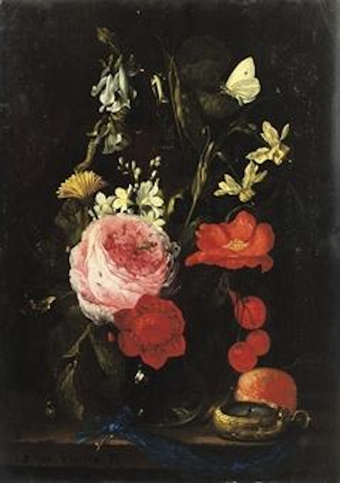A rose, an anemone, a marigold, narcissi and other flowers in a glass vase with a brass-cased watch on a blue key-ribbon on a wooden table by Jan Pauwel Gillemans