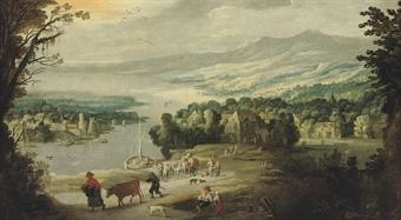 An extensive mountainous river landscape with peasants on a track near a village by Joos de Momper the Younger