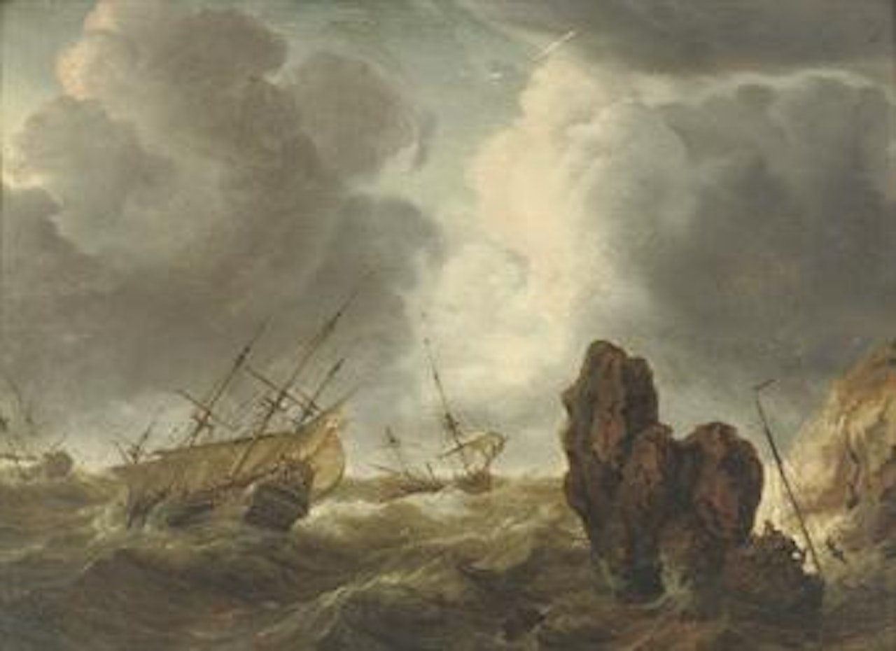 Shipping in stormy waters near a rocky coast by Abraham Storck