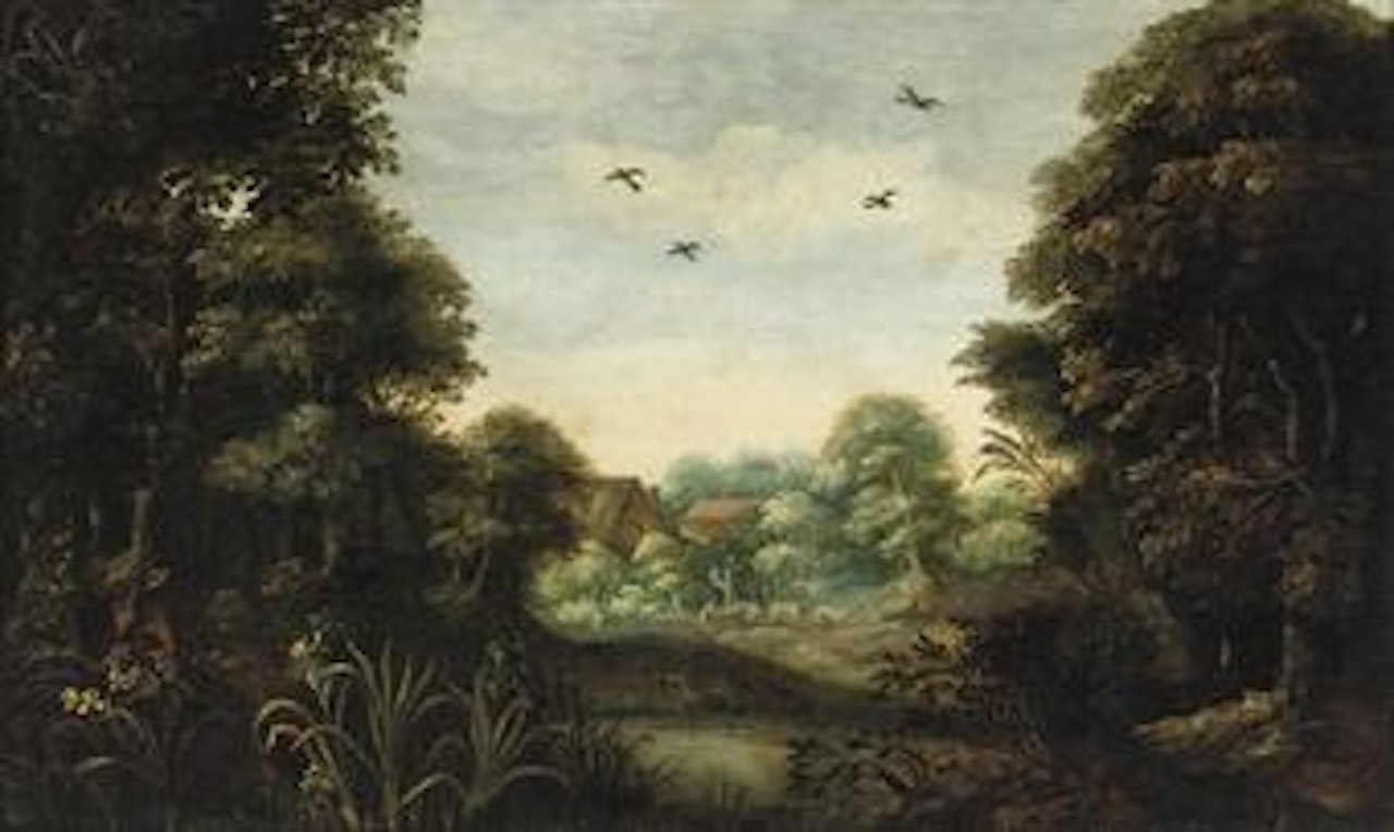 A wooded landscape with a peasant and his herd near a village by Abraham Govaerts