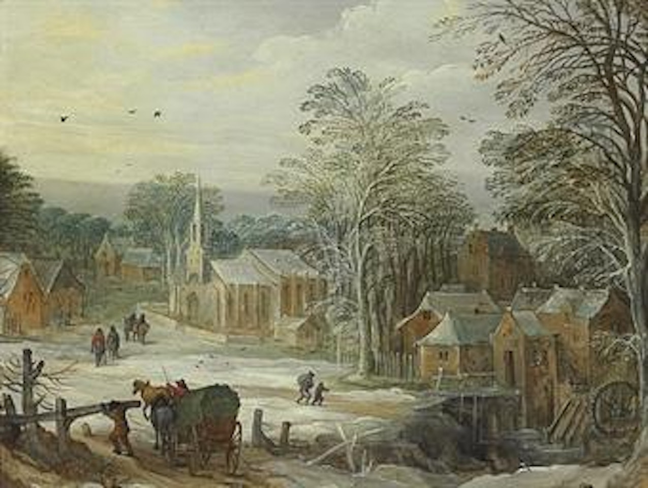 A winter landscape with travellers arriving at a town by Jan Brueghel by Joos de Momper the Younger