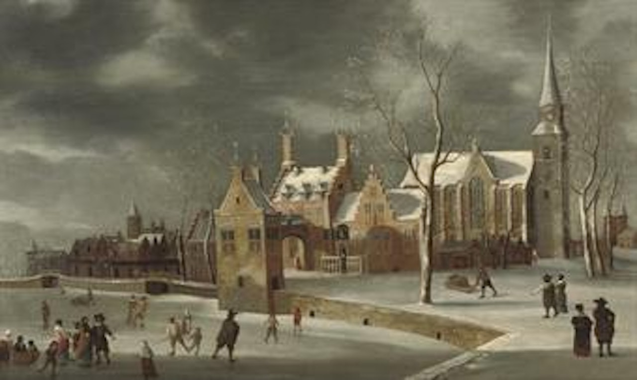 A winter landscape with figures skating on the ice near a town by Jan Abrahamsz. Beerstraten