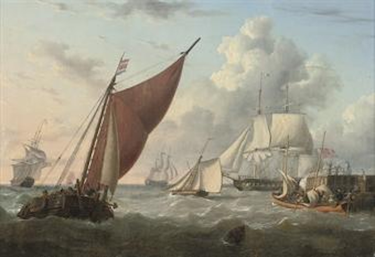 A frigate hove-to off a jetty, the Captain and his guests preparing to go aboard by Charles Martin Powell