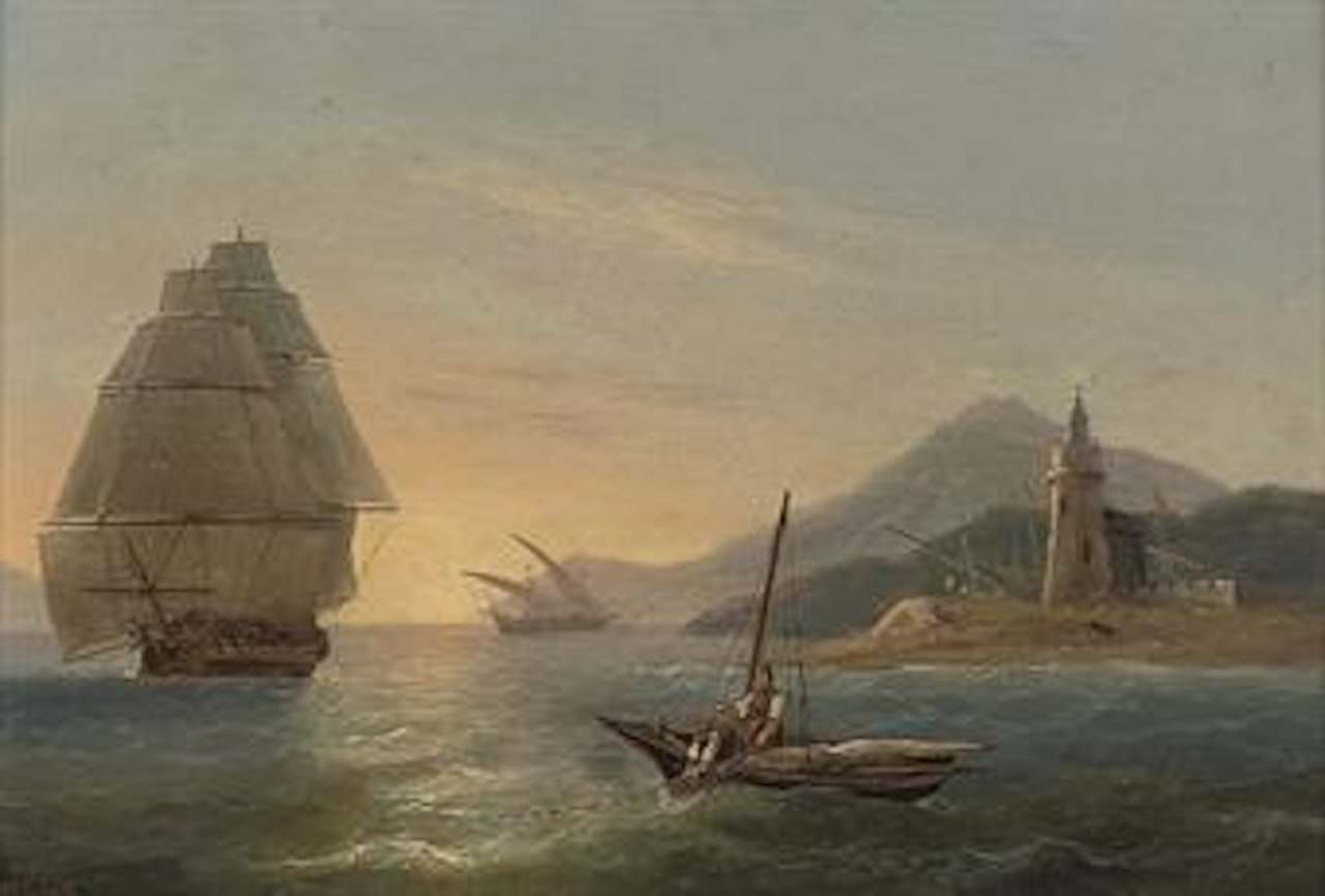 Fishermen casting their nets off a lighthouse in the Strait of Messina, with Mt. Etna beyond by Thomas Luny