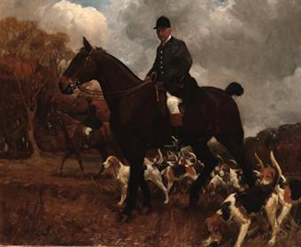 Portrait of Mr Thomas Osborn Springfield, Huntsman to the Dunston Harriers, on his favourite Hunter, Mangreen by Alfred James Munnings