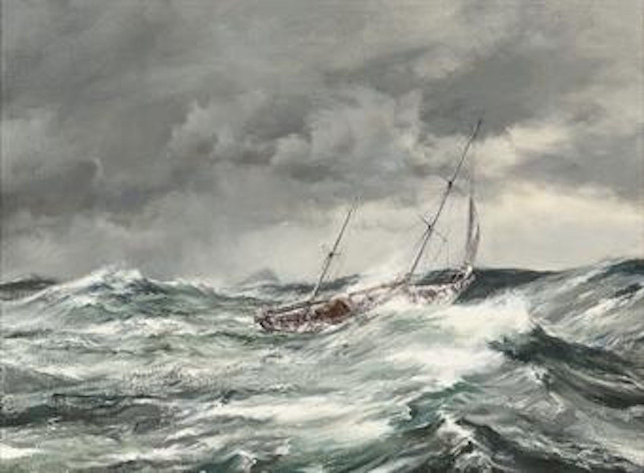 Gipsy Moth (IV) in heavy weather off Cape Horn, running under a storm trysail by Montague Dawson