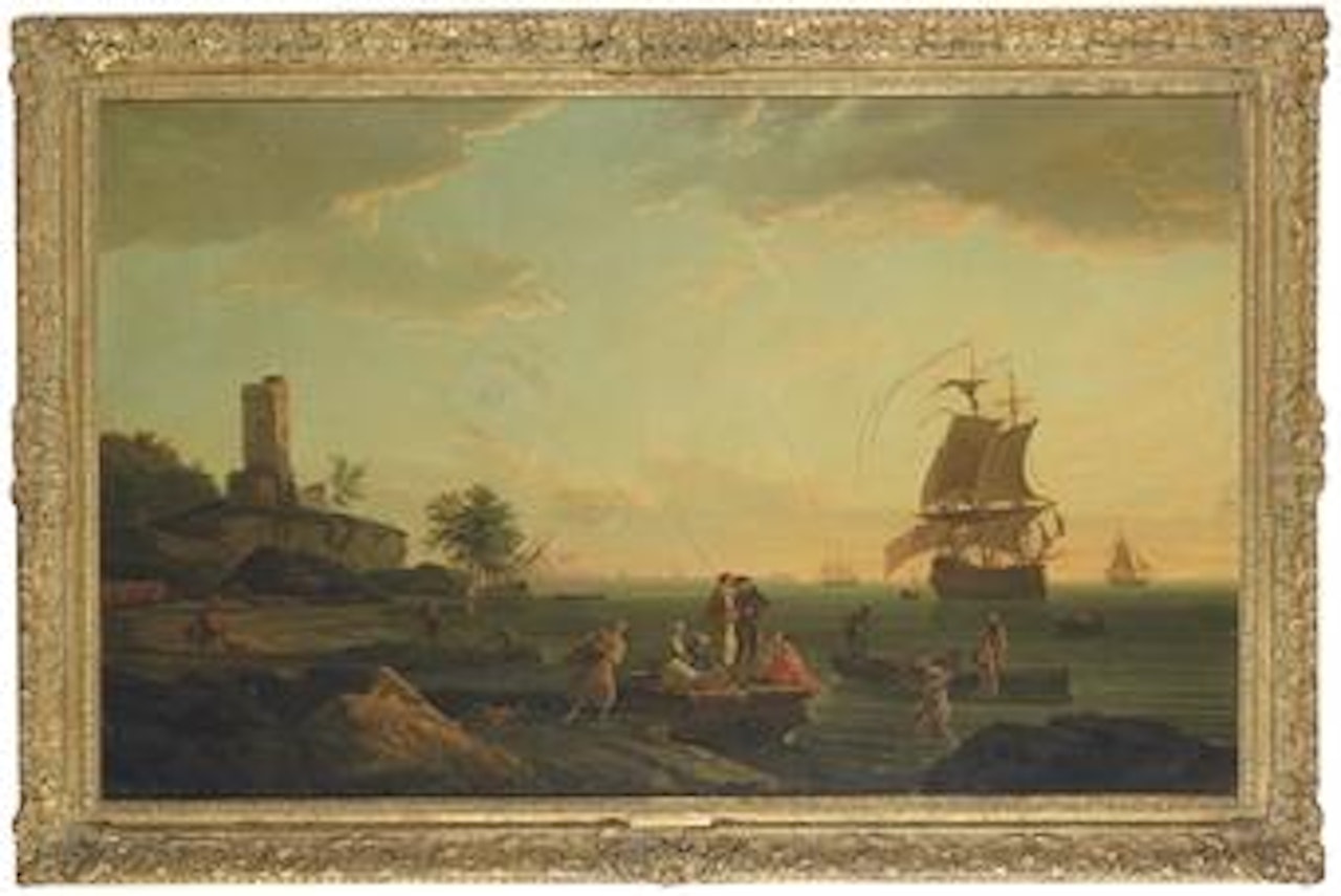 Morning: A coastal landscape with fishermen unloading their catch and a ships beyond by Claude Joseph Vernet
