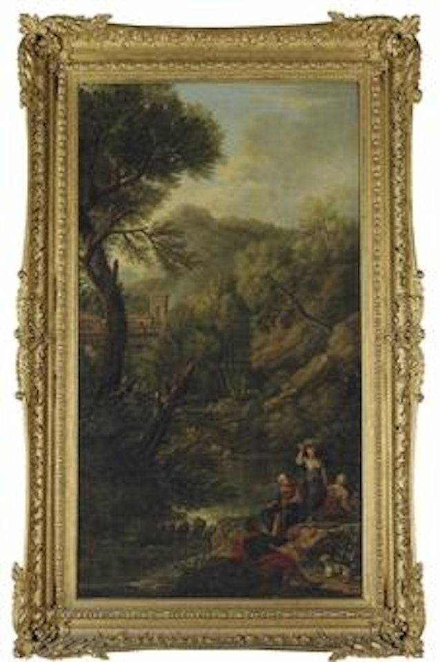 A classical landscape with shepherds and washerwomen by a stream by John Wootton