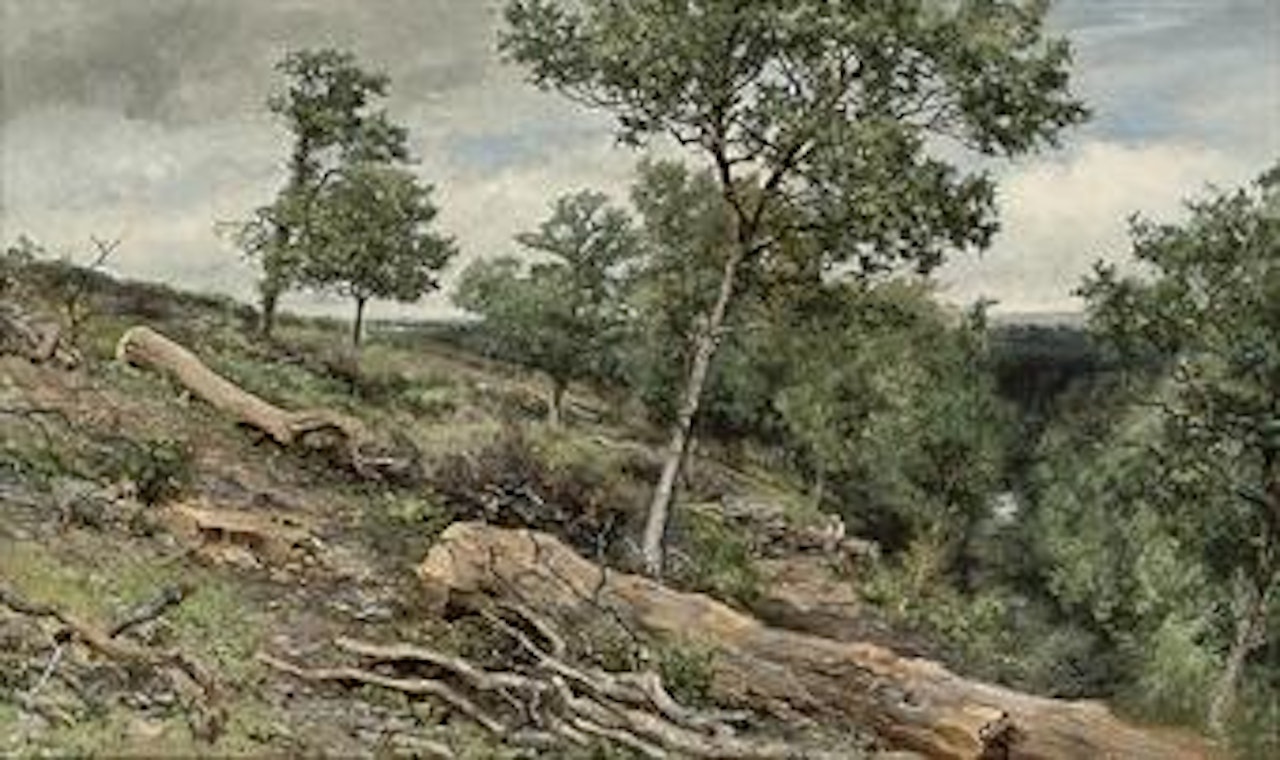 A figure resting in a wooded river valley in Gretna by Keeley Halswelle