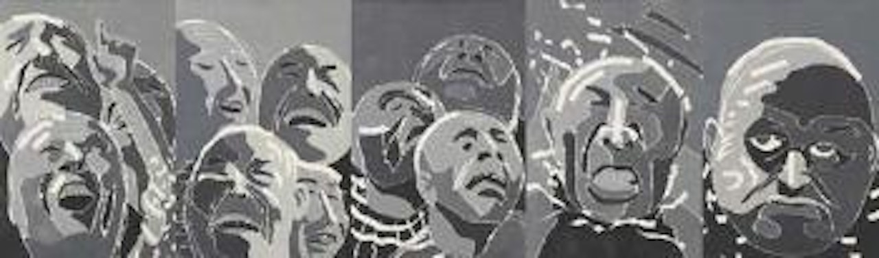 Five works: (i) 2000.6.30; (ii) 2000.5.20; (iii) 2000.6.25; (iv) 2000.6.15; (v) 2000.5.5 by Fang Lijun