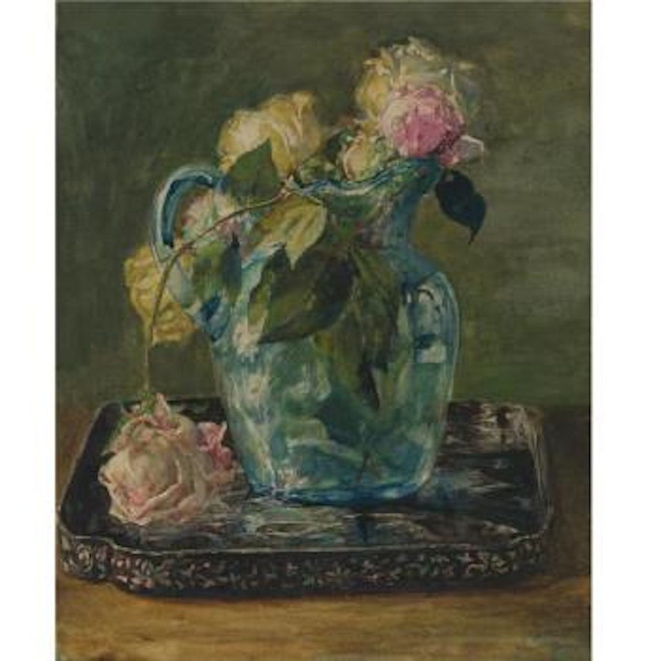 Roses In A Blue Crackle Glass Pitcher by John La Farge