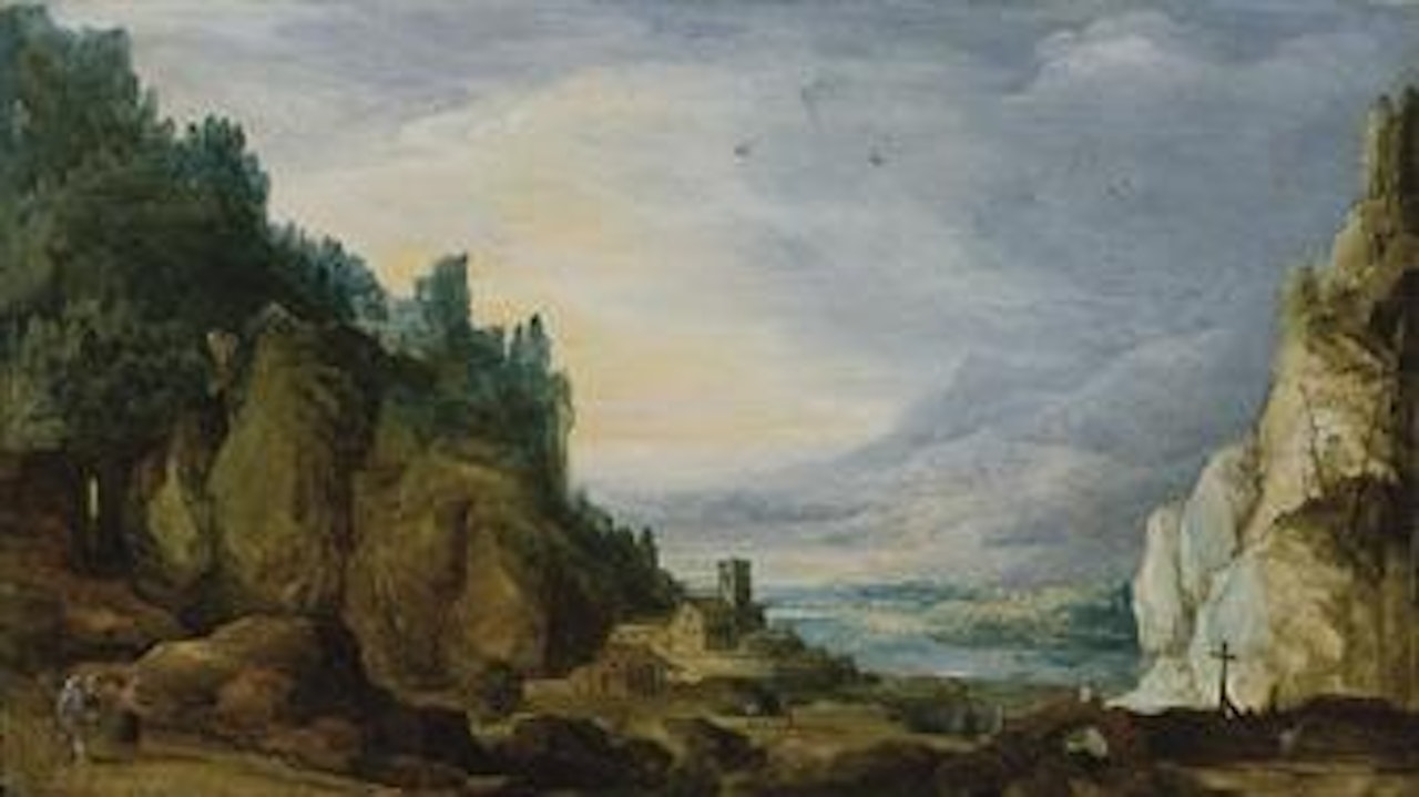 Paysage montagneux avec un village et des voyageurs by Joos de Momper the Younger