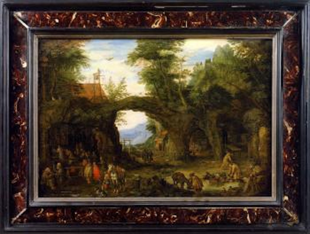 Paysage de montagne avec des pelerins assistant a une messe dans une grotte by Joos de Momper the Younger
