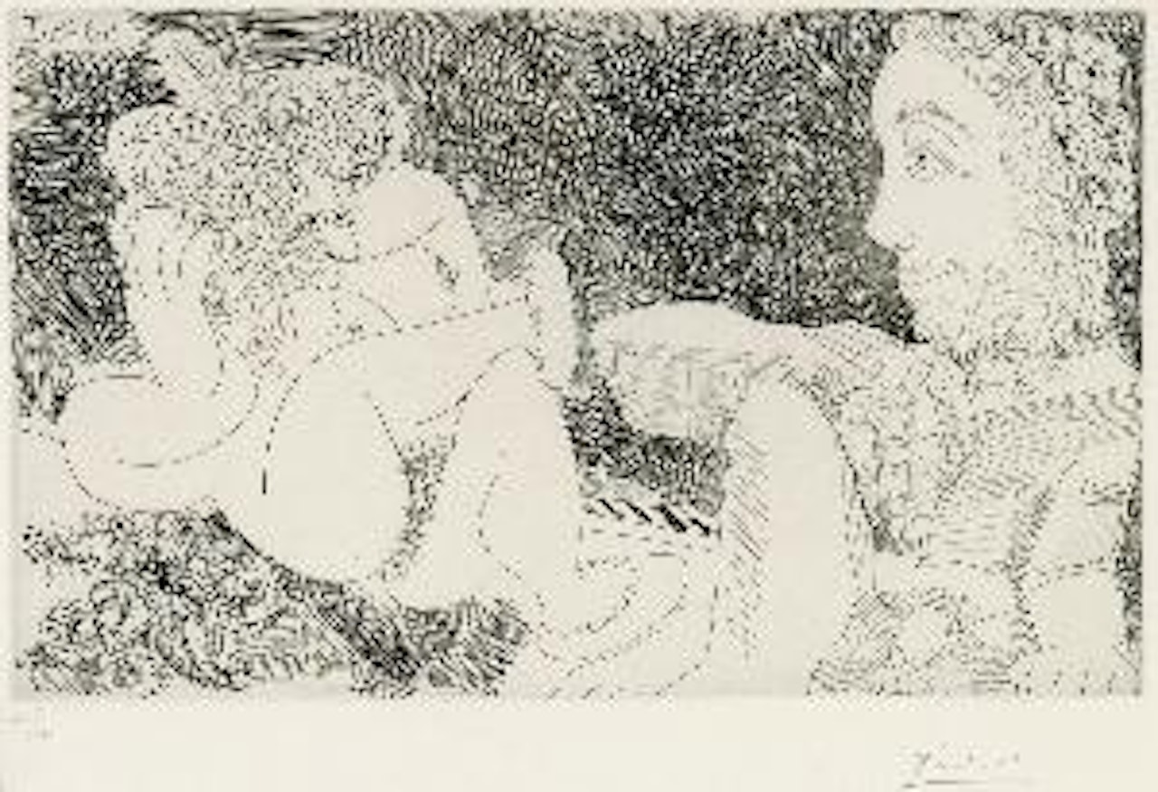 Au jardin: Odalisque en pantoufles au chapeau, avec des fleurs, et spectateur ingresque (Series 347) by Pablo Picasso