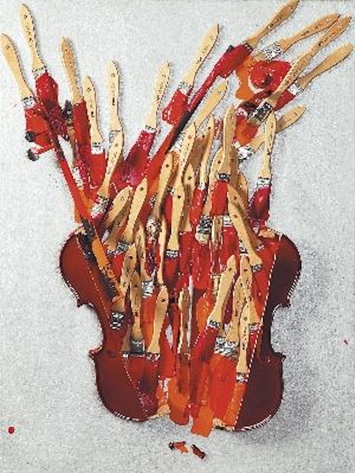 Untitled - violin vertically sliced and filled with paintbrushes by Arman