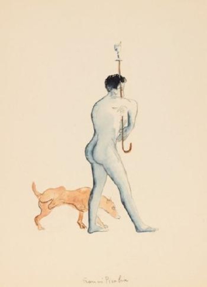 Homme nu tenant une canne supportant un verre et chien by Francis Picabia