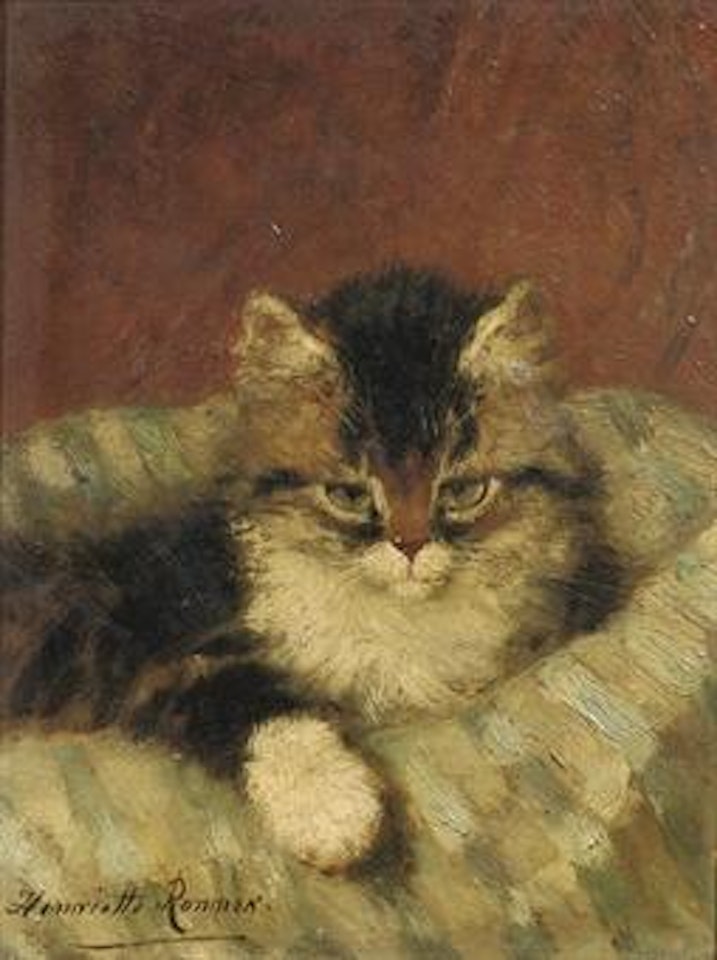 A kitten on a blue striped pillow by Henriette Ronner-Knip