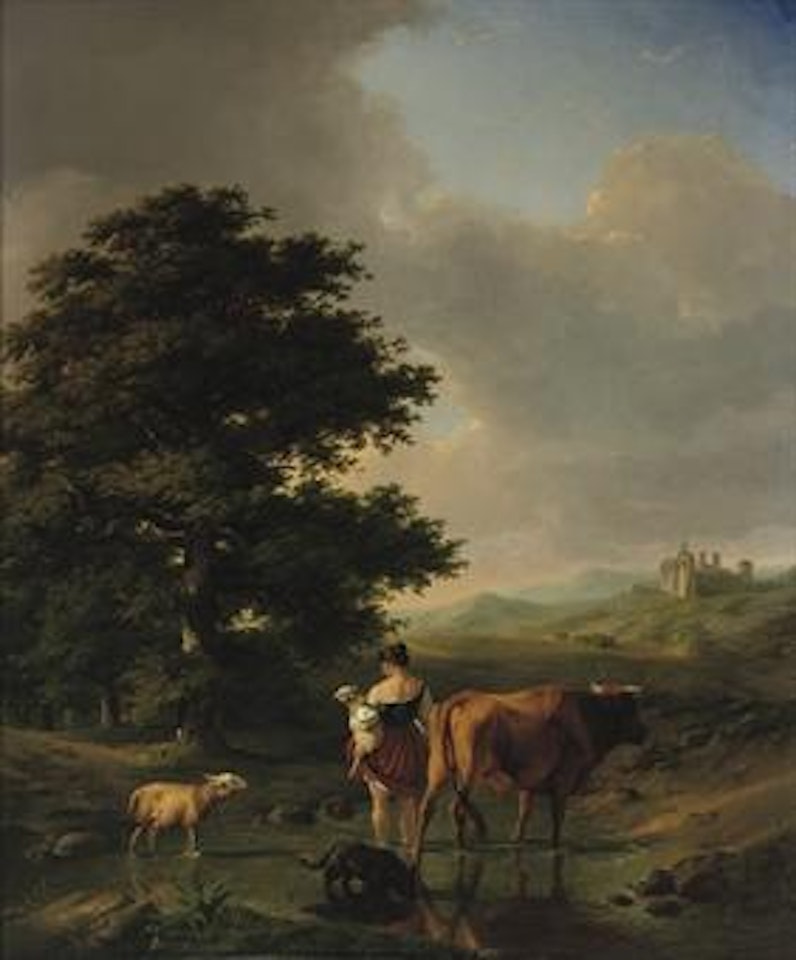 A woman and her cattle in an extensive summer landscape by Eugène Joseph Verboeckhoven