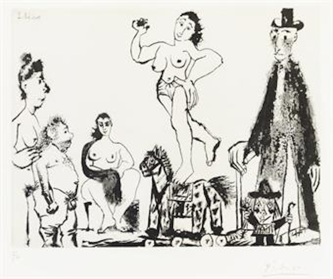 Souvenirs d'enfance: Fête de rue, avec Bonhomme et El gigante, from La Série 347 (B. 1621; Ba. 1637) by Pablo Picasso