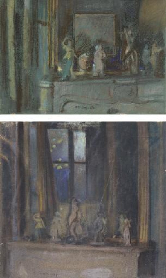 Porcelain figures on a mantelpiece; and Porcelain figures on a mantelpiece with a self-portrait by Konstantin Somov